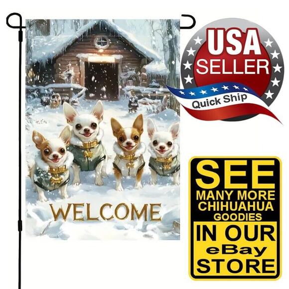 Chihuahua Dogs Welcome Flag Banner for Lawn and Garden • Christmas Winter Theme - Picture 1 of 8